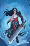  1girl absolute_dc absolute_wonder_woman absurdres armor black_boots black_hair boots breastplate closed_mouth commentary dc_comics english_commentary full_body highres holding holding_sword holding_weapon huge_weapon long_hair looking_at_viewer marker_(medium) meghan_hetrick red_tattoo scan solo sword tattoo tattoo_sleeve tiara traditional_media weapon wonder_woman wonder_woman_(absolute_dc) 