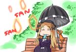  abigail_williams_(fate) abigail_williams_(first_ascension)_(fate) background_request bench black_bow black_dress black_hat black_umbrella blonde_hair bow commentary_request dress fate/grand_order fate_(series) frilled_sleeves frilled_umbrella frills hat holding holding_umbrella long_hair long_sleeves mizutani_hozumi orange_bow park_bench sitting solo_focus umbrella wooden_bench 