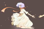  barefoot choker dress from_side grey_background kneeling lavender_hair looking_to_the_side mochi_(pixiv53625) orange_eyes orange_ribbon original outstretched_hand parted_lips petals puffy_short_sleeves puffy_sleeves purple_hair ribbon ribbon_choker see-through short_hair short_sleeves simple_background solo_focus white_dress wind 