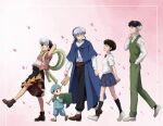  1girl 4boys arms_behind_head bandaged_leg bandages blue_cloak bow bowtie brown_shoes cloak eyepatch falling_petals flame_print hat holding holding_shovel japanese_clothes mao_(takahashi_rumiko) multicolored_hair multiple_boys newsboy_cap official_art own_hands_together petals pink_background pink_petals red_bow red_bowtie rope school_uniform second-party_source shoes shovel sunrise_(company) tasuki two-tone_hair vest waistcoat walking white_shoes 