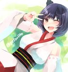 bad_id bad_pixiv_id bare_shoulders black_hair breasts detached_sleeves hair_ornament highres japanese_clothes kantai_collection medium_breasts nontraditional_miko obi one_eye_closed open_mouth red_eyes retorillo sash short_hair skirt smile solo twitter_username v yamashiro_(kantai_collection) 