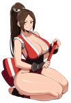  1girl absurdres bare_legs bare_shoulders breasts brown_eyes brown_hair cleavage collarbone commentary curvy english_commentary fatal_fury folding_fan full_cleavage hair_ornament hand_fan high_ponytail highres holding holding_fan japanese_clothes large_breasts legs legs_together long_hair looking_at_viewer motoyui nail_polish ninja no_bra obi octavius_(octavius_dp) parted_bangs pelvic_curtain ponytail red_nails revealing_clothes sash seiza shiny_skin shiranui_mai sideboob simple_background sitting stirrup_footwear the_king_of_fighters thick_thighs thighs wrist_guards 