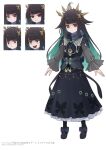  1girl :d ahoge animal_print aqua_hair black_dress black_hair black_shoes blue_bow bow butterfly_hair_ornament butterfly_print clip_studio_paint_(medium) closed_mouth colored_inner_hair commentary_request dated doidamon dress elegia_(page_of_lambda) flat_chest footwear_bow frilled_sleeves frills frown full_body gold_headdress gold_necklace grey_sleeves grin hair_ornament jewelry long_dress long_hair long_sidelocks long_sleeves looking_at_viewer multicolored_hair multiple_expressions multiple_views necklace nijisanji open_mouth page_of_lambda print_dress red_eyes second-party_source shoes sidelocks simple_background smile smug standing tachi-e translation_request two-tone_hair very_long_hair white_background 