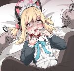  1boy 1girl animal_ear_headwear apron bed_sheet black_dress black_pants bleeding blonde_hair blood blood_from_mouth blood_on_face blood_on_ground blood_on_hand blood_on_neck blue_archive blue_bow bow clenched_hands commentary_request constricted_pupils crying crying_with_eyes_open dark-skinned_male dark_skin decapitation deep_wound distress dress facing_up garrote guro halo hands_up holding holding_weapon imminent_death imminent_decapitation imminent_murder indoors injury lying maid_apron momoi_(blue_archive) on_back on_bed open_mouth pants pillow pink_halo pov pov_hands red_eyes rope_around_neck sendou_asasuzu shaded_face straddling strangling streaming_tears tears weapon white_apron wire_around_neck 