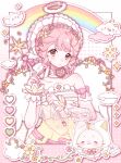  1girl :o =_= ahoge angel angel_wings animal arrow_(projectile) bird bonnet border bow bowtie brown_eyes cat chinese_commentary choker cloak clothed_animal cloud color_guide commentary_request commission cowboy_shot curious daodangou detached_sleeves dot_nose dove ear_covers eyelashes fake_halo fake_wings flower flower_hairband frilled_choker frilled_headwear frilled_shirt frills fur_halo gilded_dreamsong_(infinity_nikki) gradient_border hairband halftone halftone_background halftone_border halo happy hat hat_bow heart heart_arrow heart_choker heart_wand highres holding holding_wand hood hood_up hooded_cloak infinity_nikki leaf light_blush momo_(heart_arrow)_(infinity_nikki) momo_(nikki) nikki_(nikki) nikki_(series) notice_lines official_alternate_costume outline parted_lips pink_border pink_bow pink_bowtie pink_flower pink_hair plant rainbow ribbon-trimmed_shirt ribbon_trim sample_watermark see-through_clothes see-through_sleeves shirt short_hair sidelocks single_stripe sleeve_bow sparkle standing star_wand strapless strapless_shirt striped_bow striped_bowtie striped_clothes studded_choker studded_hairband studs tareme two-tone_border two-tone_wrist_cuffs vines waist_bow wand watermark wavy_hair whiskers white_background white_bonnet white_border white_bow white_cat white_choker white_cloak white_flower white_hairband white_halo white_outline white_sleeves white_wings white_wrist_cuffs winged_wand wings wrist_cuffs x_navel yellow_flower yellow_shirt yellow_wrist_cuffs 