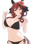  1girl absurdres animal_ears bare_shoulders bikini bikini_tug black_bikini blush braid braided_hair_rings breasts brown_hair cleavage ear_covers ear_ornament gentildonna_(umamusume) hair_between_eyes hair_ornament hair_rings heart-shaped_ornament heart_ear_ornament highres horse_ears horse_girl horse_tail large_breasts long_hair looking_at_viewer navel open_mouth red_eyes simple_background smile solo stomach swimsuit taedelame tail umamusume white_background 