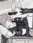  2girls bolt_action bow commentary curtains desk english_commentary expressionless floating_curtains freckles greyscale gun highres holding holding_gun holding_weapon indoors long_hair looking_to_the_side miniskirt monochrome multiple_girls no_shoes omiglop on_desk original pleated_skirt ponytail profile rifle school_uniform scope short_hair short_sleeves sitting skirt sniper_rifle spotting_scope thighhighs tripod turning_head weapon 