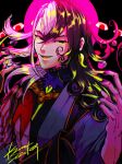  1boy ashiya_douman_(fate) bad_id bad_tumblr_id black_background black_eyes black_hair curly_hair dated evil_smile fate/grand_order fate_(series) fingernails hair_between_eyes hands_up highres ikapnmn2 long_fingernails long_hair looking_at_viewer male_focus multicolored_hair parted_lips sharp_fingernails signature simple_background smile solo split-color_hair two-tone_hair upper_body v-shaped_eyebrows very_long_fingernails 