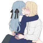  2girls amakuma arms_around_neck bang_dream! bang_dream!_it's_mygo!!!!! black_ribbon blonde_hair blue_dress blue_hair blush closed_eyes dress hair_ribbon hands_on_another's_waist highres jacket kiss medium_hair misumi_uika multiple_girls ribbon simple_background sitting sitting_on_lap sitting_on_person togawa_sakiko two_side_up white_background white_jacket yuri 