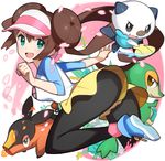  aqua_eyes ass black_legwear brown_hair cherry_blossoms double_bun gen_5_pokemon legwear_under_shorts long_hair looking_at_viewer mei_(pokemon) open_mouth oshawott pantyhose pantyhose_under_shorts pokemon pokemon_(creature) pokemon_(game) pokemon_bw2 raglan_sleeves saitou_naoki short_shorts shorts snivy tepig twintails very_long_hair visor_cap 