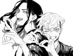  2boys baji_keisuke blush commentary_request earrings fang fingernails floating_hair four-finger_heart_hands greyscale grin heart heart_hands jewelry kota_uro long_hair male_focus matsuno_chifuyu monochrome multiple_boys one_eye_closed open_mouth short_hair simple_background smile tokyo_revengers v white_background yaoi 