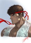  brown_hair dougi grey_eyes headband heewon_lee highres male_focus ryuu_(street_fighter) signature solo street_fighter torn_clothes upper_body 