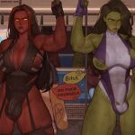  1other 2girls after_battle ambiguous_gender anger_vein ass_visible_through_thighs asura_(asurauser) betty_ross black_hair black_leotard blank_eyes breasts bulge colored_nipples colored_skin colored_speech_bubble commentary covered_testicles dirty english_commentary english_text erection erection_under_clothes fingerless_gloves flaccid futanari gloves glowing glowing_eyes green_eyes green_hair green_nipples green_skin hand_grip highres holding_hand_grip insult jennifer_walters large_breasts leotard marvel multicolored_hair multicolored_leotard multiple_girls muscular muscular_female nipple_slip nipples orange_eyes penis pink_shoes pout precum precum_through_clothes profanity purple_leotard red_nipples red_she-hulk red_skin red_streaks reflection revision scuffed she-hulk shoes skateboard skindentation speech_bubble spoken_anger_vein streaked_hair subway superhero_costume sweat testicle_peek testicles thighhighs torn_clothes train_interior two-tone_leotard veins veiny_arms veiny_penis white_leotard 