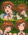  2girls artist_logo artist_name bare_shoulders black_bra blue_shirt bluesky_logo bra brown_background brown_eyes brown_hair character_name closed_mouth coat collared_shirt commentary dual_persona english_commentary fur-trimmed_coat fur_trim grey_background grin hatidraw logo multiple_girls multiple_persona multiple_views nervous open_mouth persona persona_4 persona_4_revival persona_4_the_golden satonaka_chie shadow_(persona) shadow_chie shirt short_hair smile sound_effects underwear yellow_eyes 