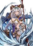  4410_(kanimiso) absurdres animal_ears armor armored_dress braid breasts cat_ears cleavage dress erune granblue_fantasy hair_intakes hair_tubes hairband heles highres large_breasts long_hair polearm red_eyes single_braid solo spear weapon white_hair 