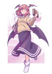  1girl alternate_costume black_skirt book border collared_shirt commentary_request demon_wings full_body head_wings holding holding_book hood hoodie koakuma long_hair long_sleeves looking_at_viewer medium_hair outside_border pink_background rangycrow red_eyes red_hair shirt skirt solo touhou white_border white_shirt wings yellow_hoodie |_| 