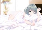  ass bed bed_sheet blue_eyes blurry brown_hair depth_of_field green_eyes heterochromia highres idolmaster idolmaster_cinderella_girls indoors infinote looking_at_viewer lying mole mole_under_eye nude on_bed on_stomach pillow short_hair smile solo takagaki_kaede v 