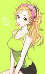  artist_name breasts cleavage earrings food_in_mouth green green_background green_eyes hairband hoshii_miki idolmaster idolmaster_(classic) jewelry large_breasts long_hair looking_at_viewer ponytail rod_(rod4817) short_shorts shorts solo tank_top 