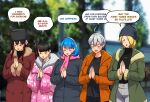  5girls abigail_fahrenheit ahoge black_hair black_hat black_pants blonde_hair blue_eyes blue_hair breasts brown_jacket closed_eyes commentary denim ear_piercing english_commentary english_text erkaz fur-trimmed_jacket fur_trim green_jacket grey_hair grey_hat grey_jacket grey_pants hair_behind_ear hair_ornament hat headband highres huge_breasts jacket jeans karinka_katyusha_(erkaz) large_breasts long_hair medium_hair multiple_girls open_mouth original outdoors own_hands_together pants parted_bangs piercing pink_jacket ponytail red_jacket rey_tannhauser_(erkaz) rina_atherina scar scar_across_eye scar_on_face short_hair side_ponytail speech_bubble tree white_jacket yukihana_(erkaz) 