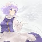  apron bad_id bad_pixiv_id blush honi juliet_sleeves lavender_eyes lavender_hair letty_whiterock long_sleeves puffy_sleeves purple_skirt scarf skirt smile snow snowing snowstorm solo touhou triangular_headpiece vest waist_apron wind wind_lift 