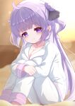  1girl ahoge alternate_costume azur_lane blush breasts cleavage closed_mouth commentary_request highres looking_at_viewer medium_breasts pajamas pants purple_eyes purple_hair sakamarujp shirt solo two_side_up unicorn_(azur_lane) white_pajamas white_pants white_shirt 
