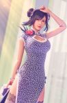  1girl 3d animal_print arm_up bangle black_hair blurry blurry_background bracelet breasts chinese_clothes cleavage_cutout closed_mouth clothing_cutout controller cowboy_shot double_bun dress english_commentary final_fantasy final_fantasy_vii final_fantasy_vii_remake flower game_controller grey_dress hair_between_eyes hair_bun hair_ornament highres holding holding_controller holding_game_controller jewelry lace-trimmed_thighhighs lace_trim large_breasts leopard_print lips looking_at_viewer official_alternate_costume patreon_username print_dress qipao red_eyes red_flower red_lips red_rose rose sidelocks solo sreliata thighhighs tifa_lockhart tifa_lockhart_(sporty_dress) 