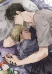  2boys adam's_apple arm_pillow black_hair blonde_hair cigarette_pack closed_eyes closed_mouth commentary_request couple cuddling dark-skinned_male dark_skin get3 hand_tattoo hanma_shuuji head_on_pillow kisaki_tetta male_focus multiple_boys on_bed pillow sleeping sleeping_together tattoo tokyo_revengers yaoi 