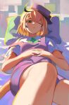  1girl absurdres ahoge bed blonde_hair blue_overalls commentary dooby green_eyes green_neckerchief hechium highres indie_virtual_youtuber jerboa_tail looking_at_viewer multicolored_hair neckerchief on_bed one_eye_closed overalls pillow short_hair sleepy streaked_hair virtual_youtuber 