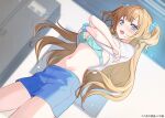  1girl aqua_bra artist_request blonde_hair blue_eyes blue_shorts bra breasts character_request clothes_lift commentary_request copyright_notice copyright_request cowboy_shot dutch_angle lifting_own_clothes looking_at_viewer medium_breasts navel official_art open_mouth shirt shirt_lift shorts solo two_side_up underwear undressing white_shirt 