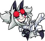  1girl animal_ears chibi coat colored_skin commentary dyarikku_(vtuber) english_commentary facial_mark fox_ears fox_girl grey_eyes grey_hair highres indie_virtual_youtuber looking_at_viewer red-tinted_eyewear simple_background smile solo tinted_eyewear twintails virtual_youtuber white_background white_coat white_skin x3dustco x_(symbol) x_facial_mark 