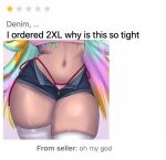  1girl arielle_(vtuber) blonde_hair blue_shorts colored_inner_hair commission curvy english_commentary from_seller:_oh_my_god_(meme) highres indie_virtual_youtuber long_hair meme multicolored_hair navel open_clothes open_fly open_shorts panties pink_panties rainbow_hair short_shorts shorts solo thick_thighs thigh_focus thighhighs thighs underwear virtual_youtuber white_thighhighs wide_hips 