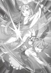  2girls braid crown_braid emilia_(re:zero) floating_hair flower greyscale hair_between_eyes hair_flower hair_ornament hair_ribbon head_wreath highres holding holding_weapon layered_skirt long_hair long_sleeves miniskirt monochrome multiple_girls novel_illustration official_art ootsuka_shin'ichirou open_mouth pantyhose pleated_skirt pointy_ears re:zero_kara_hajimeru_isekai_seikatsu rem_(re:zero) ribbon shirt short_hair skirt sword third-party_source very_long_hair weapon white_flower wide_sleeves x_hair_ornament 