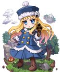  1girl aiming blonde_hair blue_coat blue_eyes blue_hat brown_gloves buttons character_hat_ornament cloud coat commentary_request deformed fbs-fenril floating_castle fur-trimmed_coat fur-trimmed_headwear fur-trimmed_sleeves fur_trim gloves grass gunner_(sekaiju) gunner_2_(sekaiju) hat highres jack_frost_(megami_tensei) juliet_sleeves long_hair long_sleeves looking_at_viewer mushroom open_mouth pom_pom_(clothes) puffy_sleeves rock sekaiju_no_meikyuu sekaiju_no_meikyuu_2 solo standing tree triangle_mouth upwards_triangle_mouth v-shaped_eyebrows white_background 
