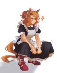  1girl absurdres ahoge animal_ears apron black_dress blush breasts brown_hair calamity_brezze closed_mouth commentary dress english_commentary hair_between_eyes hair_ornament hairclip highres horse_ears horse_girl horse_tail jungle_pocket_(umamusume) maid maid_apron maid_headdress medium_hair notched_ear pants pants_under_dress red_pants short_sleeves simple_background slav_squatting small_breasts solo squatting tail umamusume white_apron white_background white_headdress yellow_eyes 