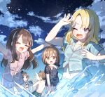  1boy 4girls :d :o ^_^ absurdres azusagawa_kaede azusagawa_sakuta bikini black_shirt black_shorts blonde_hair blue_eyes blue_shirt blue_shorts brother_and_sister brown_eyes brown_hair closed_eyes cloud collared_shirt commentary_request green_male_swimwear highres hirokawa_uzuki jako_(jakoo21) long_hair male_swimwear multiple_girls navel night one_eye_closed outdoors pink_bikini pink_shirt pink_shorts polka_dot polka_dot_shirt polka_dot_shorts sakurajima_mai seishun_buta_yarou shirt shorts siblings sky smile splashing star_(sky) starry_sky swim_trunks swimsuit toyohama_nodoka very_long_hair water water_gun wavy_mouth 
