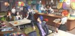 2girls 6+boys absurdres amamiya_ren amano_maya cafe ceciliarinchan collared_shirt highres kamishiro_nagisa multiple_boys multiple_girls narukami_yu necktie persona persona_1 persona_2 persona_3 persona_4 persona_5 persona_5:_the_phantom_x purple_eyes purple_necktie purple_shirt red_hair shiomi_kotone shirt short_hair suou_tatsuya toudou_naoya watermark yuuki_makoto_(persona_3) 