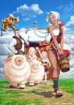  1boy 3girls :d alna anime_coloring arm_up artist_request axe ayhan bandeau bare_shoulders barefoot battle_axe blonde_hair blue_hair blue_horns blue_sky blunt_sidelocks braid braided_sidelocks brown_hair brown_vest bucket center-flap_bangs child cloud collarbone collared_shirt commentary_request copyright_notice criss-cross_halter dark-skinned_female dark_skin day dias_(the_frontier_lord_begins_with_zero_subjects) double-sided_axe dress elf facial_hair floating_hair fur-trimmed_dress fur-trimmed_vest fur_trim gradient_hair grass green_eyes green_hair hair_tubes hairband halterneck hand_on_own_hip happy highres holding holding_bucket horns jewelry key_visual long_hair long_sleeves looking_at_another looking_back mature_male moon_(ornament) multicolored_hair multiple_braids multiple_girls muscular muscular_male necklace official_art oni open_mouth outdoors over_shoulder parted_bangs pointy_ears polearm promotional_art quad_braids running ryoumin_0-nin_start_no_henkyou_ryoushu-sama senai sheep shirt siblings sidelocks single_horn sisters sky smile standing strapless strapless_dress teeth twins two-tone_hair upper_teeth_only very_long_hair vest walking waving weapon weapon_over_shoulder white_bandeau white_shirt wooden_bucket yurt 