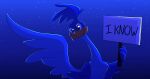  1boy beak bird commentary coyote_vs._acme english_commentary english_text feathered_wings highres holding holding_sign looney_tunes night rayalltheway road_runner_(looney_tunes) roadrunner_(animal) scene_reference sign sky smile star_(sky) starry_sky the_amazing_digital_circus wings 