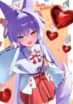  1girl absurdres ahoge balloon black_shorts blue_eyes collared_shirt commentary_request cone_hair_bun cowboy_shot dacchi_(gg0329) double_bun fang fox_girl fox_tail gradient_background hair_bun hair_ornament hair_rings hakama hakama_skirt happy_birthday heart_balloon heterochromia highres inari_(tenko_shibuki) japanese_clothes korean_commentary long_hair long_sleeves miko open_mouth orange_background pleated_skirt pom_pom_(clothes) pom_pom_hair_ornament purple_hair red_skirt shirt shorts skirt stellive tail tenko_shibuki tenko_shibuki_(1st_costume) very_long_hair virtual_youtuber white_shirt wide_sleeves yellow_eyes 