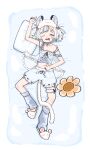  1girl absurdres animal_ears babydoll bloomers blue_babydoll blue_bloomers blue_camisole blue_choker blue_hair blue_leg_warmers blue_streaks blush bob_cut camisole choker closed_eyes collarbone drawstring drooling english_commentary flower hair_ornament hairclip heart heart_hair_ornament highres indie_virtual_youtuber inkphantoom leg_warmers lying midriff mouse_ears mouse_girl mouse_tail multicolored_hair navel nemimi_yane nose_bubble on_back on_bed open_mouth pillow pom_pom_(clothes) saliva short_hair sleep_mask sleeping slippers solo spaghetti_strap strap_slip streaked_hair sunflower tail thigh_strap virtual_youtuber white_hair white_slippers 