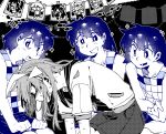  1boy 1girl aubrey_(faraway)_(omori) aubrey_(omori) blush bright_pupils checkered_clothes chinese_commentary commentary_request denim denim_skirt hairband highres huasuan69416 jacket kel_(headspace)_(omori) kel_(omori) leaning_forward long_hair looking_at_another monochrome multiple_monochrome omori open_clothes open_jacket open_mouth purple_hair purple_theme short-sleeved_jacket short_hair short_sleeves shorts skirt smile tank_top 
