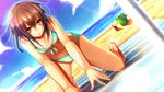  all_fours barefoot beach beach_towel brown_eyes brown_hair cloud day dutch_angle front-tie_top fuuki_(te_fuukin) highres jewelry kantai_collection lens_flare navel ocean outdoors ring sand short_hair solo swimsuit towel wakaba_(kantai_collection) water wedding_band 