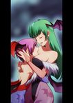  animal_print bare_back bare_shoulders bat_print bridal_gauntlets closed_eyes green_hair happy highleg highleg_leotard hug leotard lilith_aensland long_hair mizu_(rain-mbdn) morrigan_aensland multiple_girls pantyhose parted_lips pillarboxed print_legwear purple_hair red_leotard short_hair siblings sisters smile vampire_(game) very_short_hair wings 