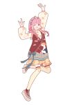  1girl \m/ absurdres arm_up bird blue_bow blue_hairband blunt_bangs bow bow_button braid brown_eyes chinese_clothes chinese_commentary cloud_print commentary_request dress dress_bow duck duck_earrings duck_print earrings eyelashes frilled_dress frills full_body go_go_duck_(shining_nikki) hairband happy highres jewelry leg_up long_hair long_sleeves low_twin_braids multicolored_shoes nikki_(series) ofuda_earrings one_eye_closed open_mouth pinafore_dress pink_hair print_dress print_thighhighs puffy_long_sleeves puffy_sleeves red_dress red_shoes shanfengzhu shining_nikki shirt shoes short_dress simple_background single_stripe sleeve_bow sleeveless sleeveless_dress smile sneakers solo standing striped_clothes striped_hairband tachi-e tareme thighhighs twin_braids two-tone_shoes wave_print white_background white_shirt white_shoes white_thighhighs yellow_bow 