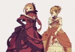  2girls aku_no_musume_(vocaloid) bare_shoulders black_flower black_rose blonde_hair bow braid braided_bangs breasts choker cleavage collar commentary cosplay costume_switch crossover detached_collar dress dress_bow dress_flower elbow_gloves evil_smile evillious_nendaiki flower folding_fan frilled_choker frilled_collar frilled_dress frills gloves gown hair_bow hair_ornament hairclip hand_fan hand_on_own_hip high_ponytail highres holding holding_fan jewelry kagamine_rin long_dress looking_at_viewer multiple_girls off-shoulder_dress off_shoulder ojou-sama_pose onooo34145 open_mouth orange_bow ponytail priscilla_barielle re:zero_kara_hajimeru_isekai_seikatsu red_dress red_eyes riliane_lucifen_d'autriche rose smile swept_bangs untranslatable_commentary updo vocaloid white_gloves yellow_dress yellow_flower yellow_rose 