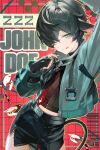  1boy :d absurdres animal_ears aqua_eyes arm_up belt black_belt black_hair black_shirt black_shorts blue_jacket character_name closed_mouth commentary ears_down english_text genderswap genderswap_(ftm) grid_background hair_over_one_eye high-waist_shorts highres inset_border jacket jane_doe_(zenless_zone_zero) john_doe_(zenless_zone_zero)_(scopeophilia) kiisher_d long_sleeves looking_to_the_side male_focus midriff_peek mouse_boy mouse_ears mouse_tail parted_bangs red_background shirt shorts sideways_glance smile solo tail tongue tongue_out zenless_zone_zero 