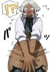  !? 1boy absurdres black_shirt black_thighhighs blunt_ends commentary_request covering_privates crossdressing crossdressing_(mtf) dark-skinned_male dark_skin freckles high_collar highres iu15236376 jacket male_focus motion_lines nervous_sweating open_mouth original panicking shirt sweat tan thighhighs trap twitter_cutting_game twitter_strip_game white_background white_hair white_jacket wide-eyed yellow_eyes 