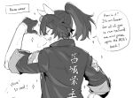  1girl animal_ears closed_eyes collared_jacket ear_covers english_text from_behind gloves horse_ears horse_girl jacket katsuragi_ace_(dragon_rising_to_the_top)_(umamusume) katsuragi_ace_(umamusume) long_sleeves monochrome multicolored_hair open_mouth ponytail reiya_(yukeewoof) simple_background solo sparkle speech_bubble streaked_hair umamusume white_background 