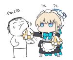  1boy 1girl apron black_dress blonde_hair blue_archive blue_eyes bun_cover chibi commentary doodle_sensei_(blue_archive) dress frilled_apron frills grey_pantyhose hair_bun halo holding jitome juliet_sleeves long_sleeves lowres maid maid_apron maid_headdress no_shoes nyaru_(nyaru_4126) pantyhose pom_pom_(cheerleading) puffy_sleeves sensei_(blue_archive) simple_background toki_(blue_archive) translation_request white_apron white_background 