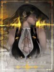  1girl absurdres black_eyes breasts cleavage earrings english_text female_rover_(wuthering_waves) hair_down highres jewelry large_breasts looking_to_the_side lying on_back rover_(wuthering_waves) shiraoriii solo wuthering_waves yellow_eyes 